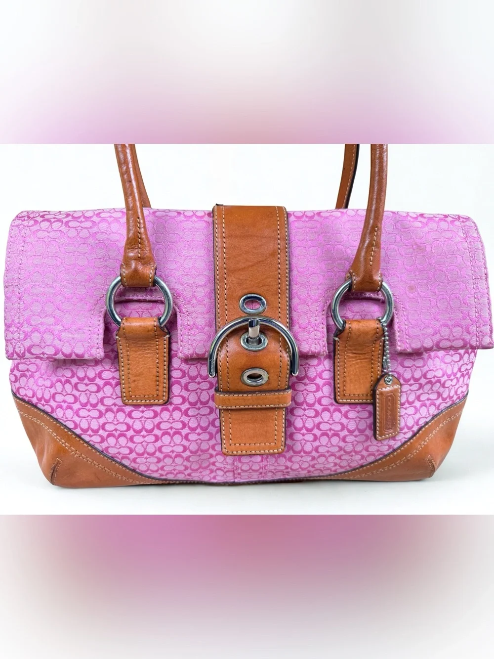 Coach Pink Canvas Satchel with Tan Leather Trim and Buckle Barbiecore